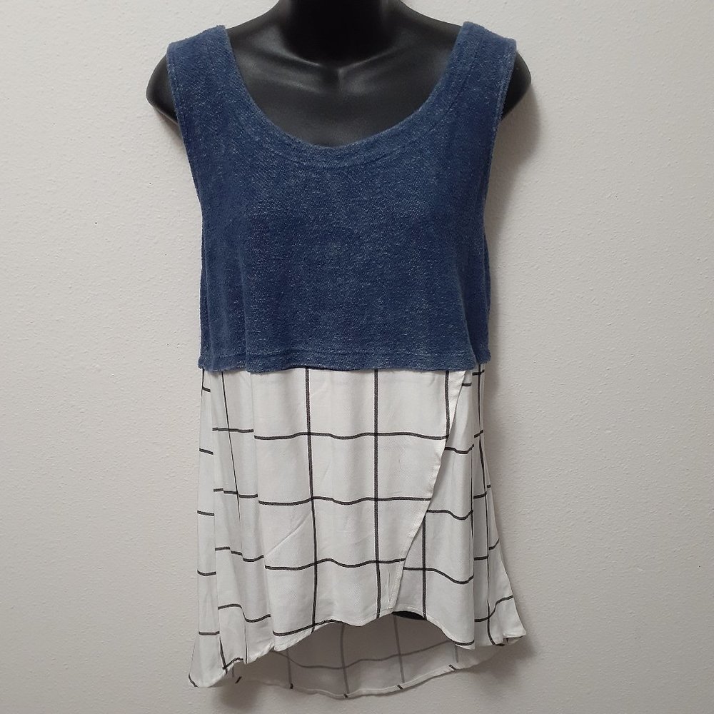 Anthropologie Deletta blue terry cloth sleeveless white black plaid contrast M